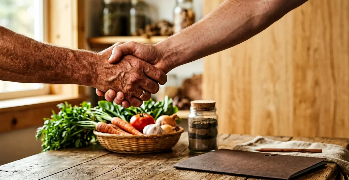 Professional editorial photograph depicting strategic agricultural partnership and contract negotiation