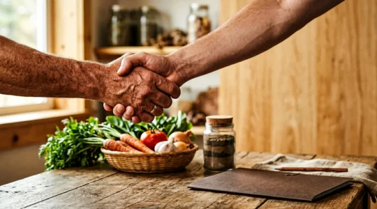 Professional editorial photograph depicting strategic agricultural partnership and contract negotiation