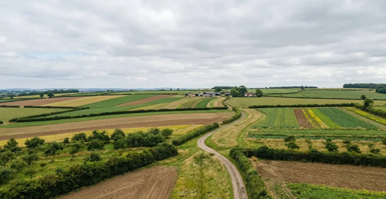 Wide landscape view of a thriving 200-hectare agroecological farm showing diverse crop fields and natural hedgerows