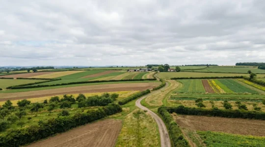 Wide landscape view of a thriving 200-hectare agroecological farm showing diverse crop fields and natural hedgerows