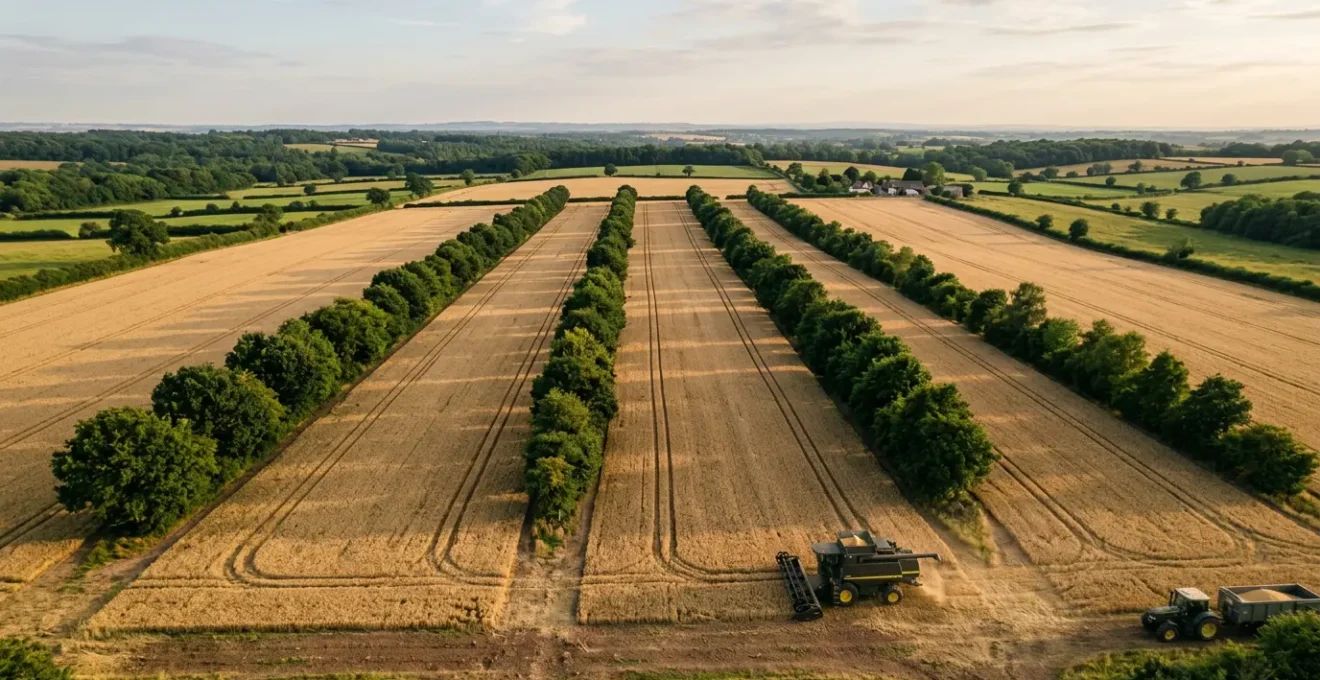Wide-angle view of UK arable field with tree rows and combine harvester navigating headland turning area in alley cropping system