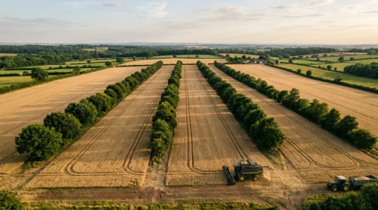Wide-angle view of UK arable field with tree rows and combine harvester navigating headland turning area in alley cropping system