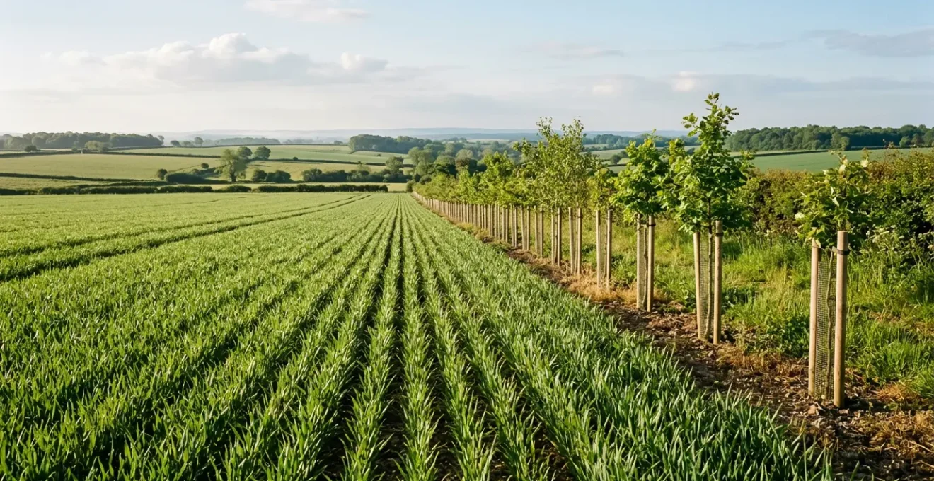 Wide agricultural field showing tree rows integrated at field margins with visible crop rows demonstrating sustainable agroforestry practice