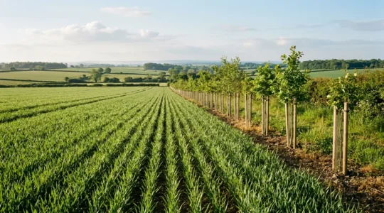 Wide agricultural field showing tree rows integrated at field margins with visible crop rows demonstrating sustainable agroforestry practice