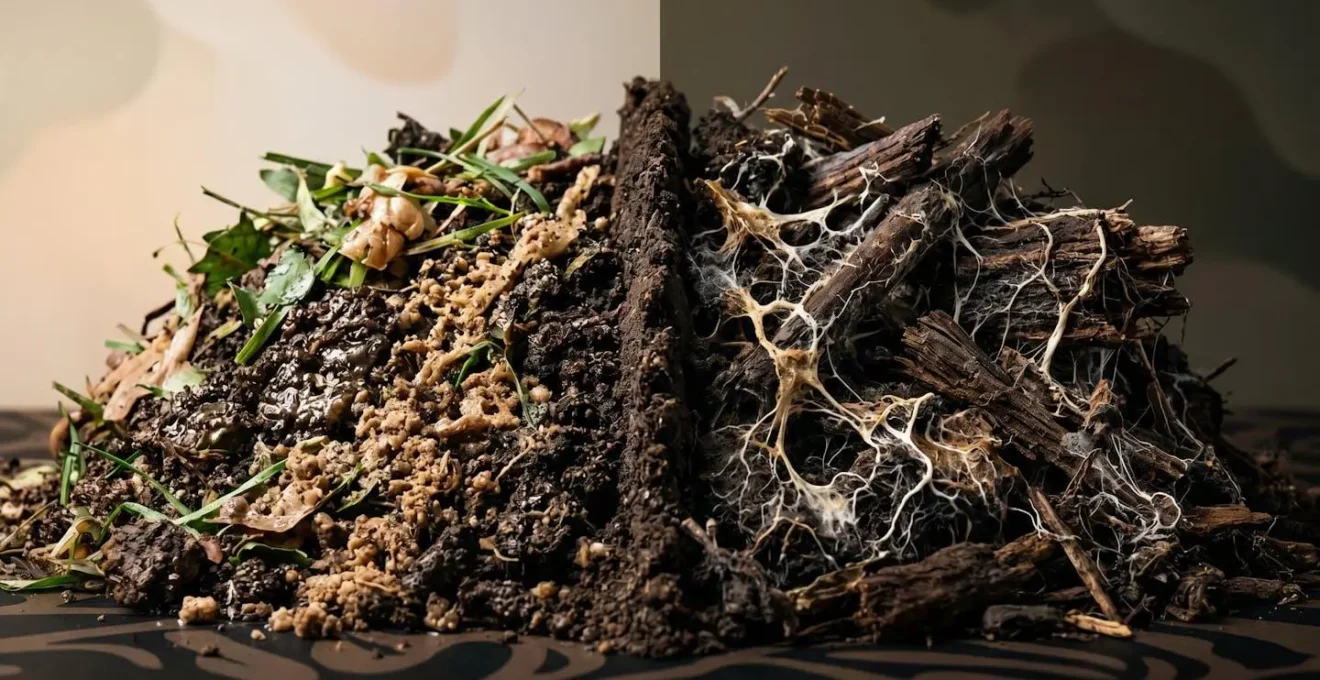 Visual metaphor contrasting bacterial and fungal nutrient cycling mechanisms in soil ecosystem