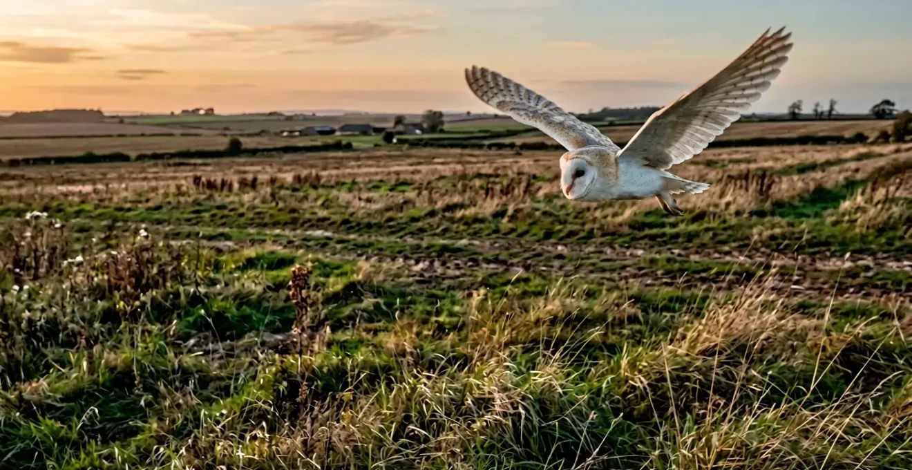Barn owl in flight hunting over open agricultural field demonstrating natural rodent control