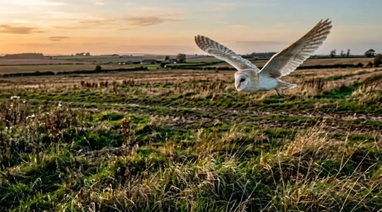 Barn owl in flight hunting over open agricultural field demonstrating natural rodent control