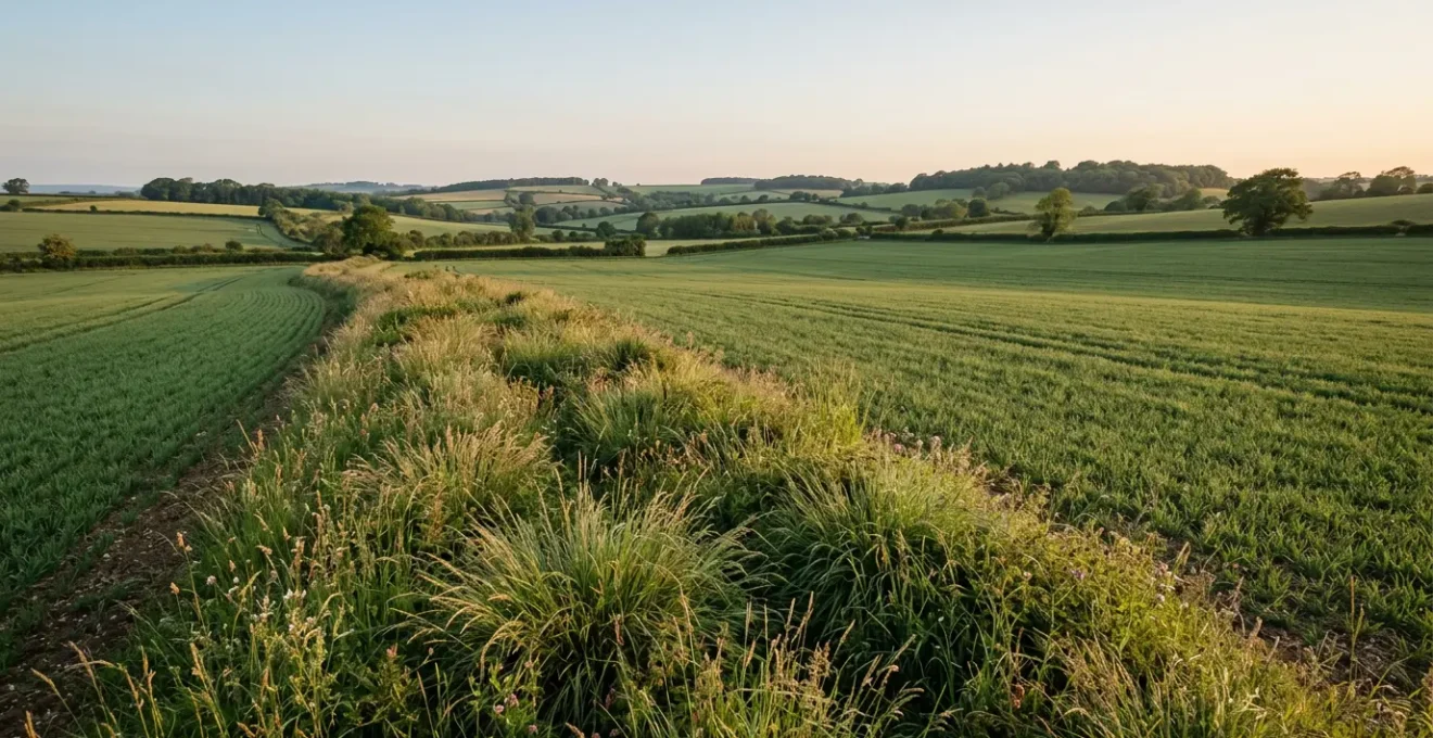 Raised grassy beetle bank crossing an agricultural field under soft morning light with tussocky grass structure visible
