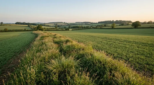 Raised grassy beetle bank crossing an agricultural field under soft morning light with tussocky grass structure visible