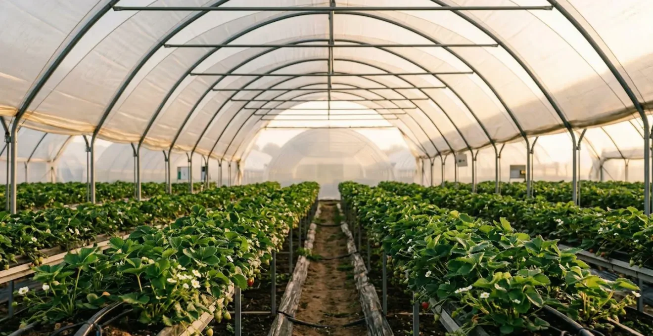 Professional agricultural scene showing polytunnel interior with healthy strawberry plants and biological pest control in action