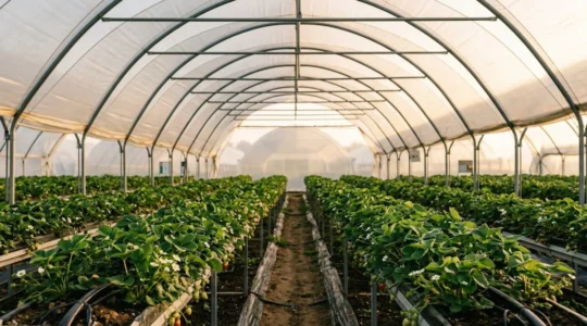 Professional agricultural scene showing polytunnel interior with healthy strawberry plants and biological pest control in action