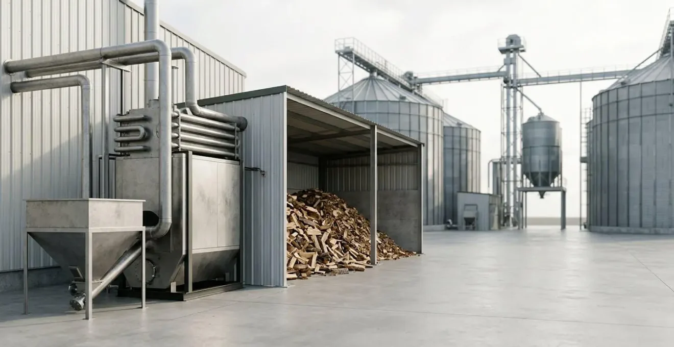 Industrial biomass boiler installation in modern agricultural grain storage facility with timber fuel system