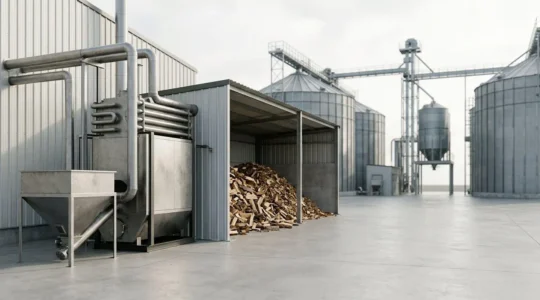 Industrial biomass boiler installation in modern agricultural grain storage facility with timber fuel system