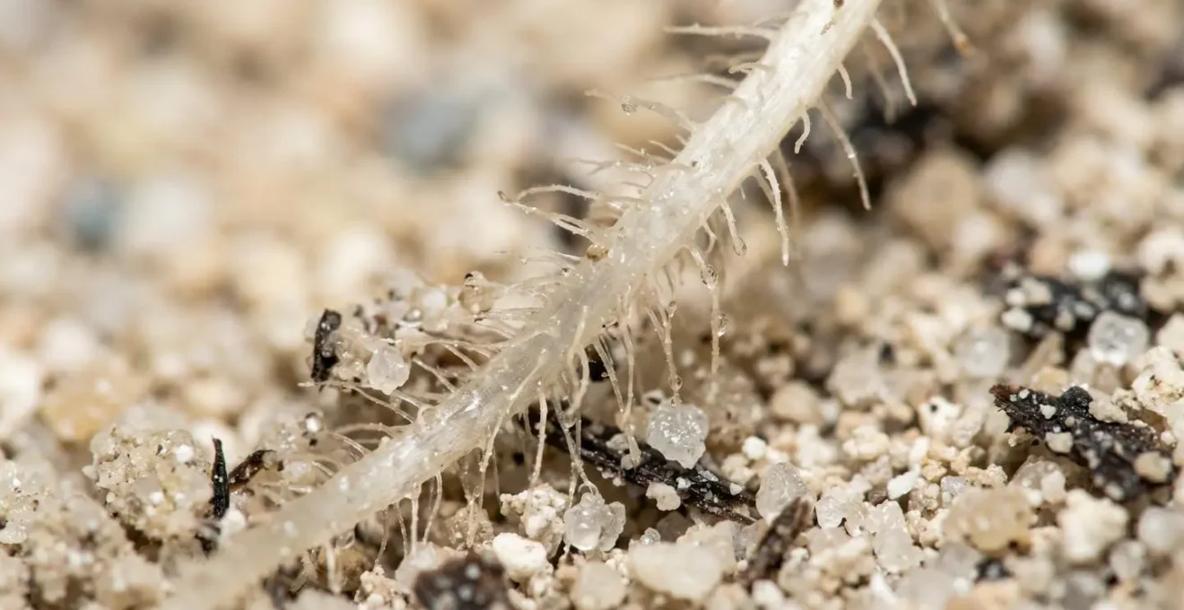 Macro close-up of buckwheat root tips with organic acid exudation dissolving calcium phosphate in chalky soil environment