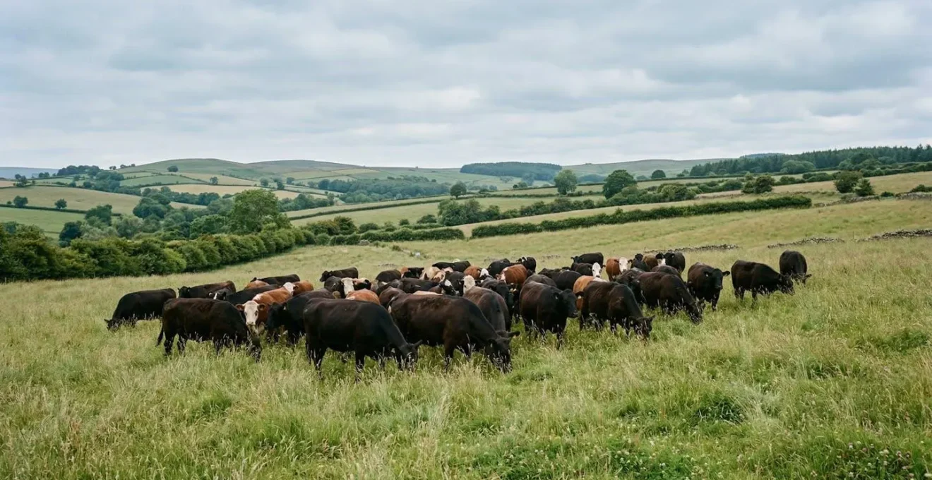 Dense herd of beef cattle grazing tall diverse sward in UK permanent pasture during rotational mob grazing