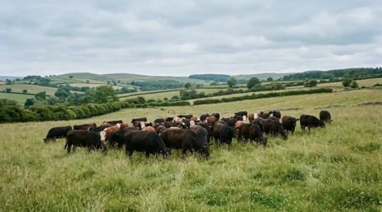 Dense herd of beef cattle grazing tall diverse sward in UK permanent pasture during rotational mob grazing