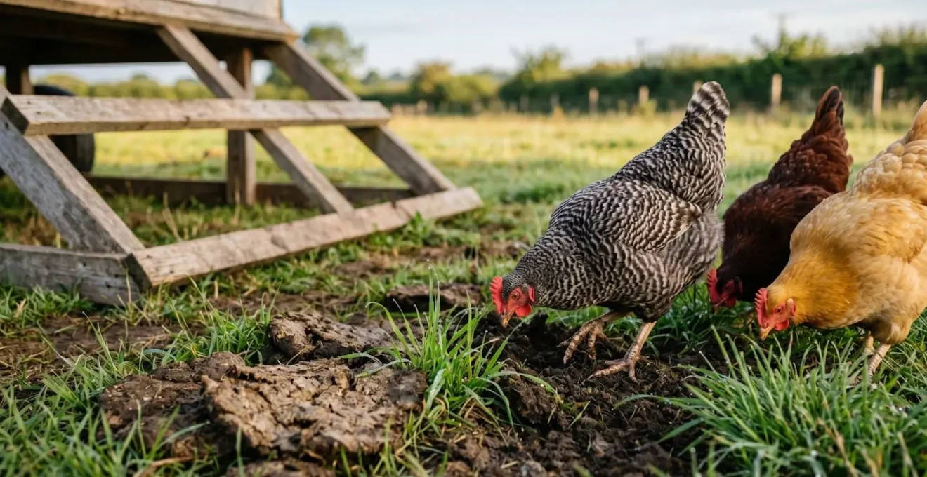 Close-up view of mobile chicken coop on fresh pasture with scattered manure and new grass growth in morning light