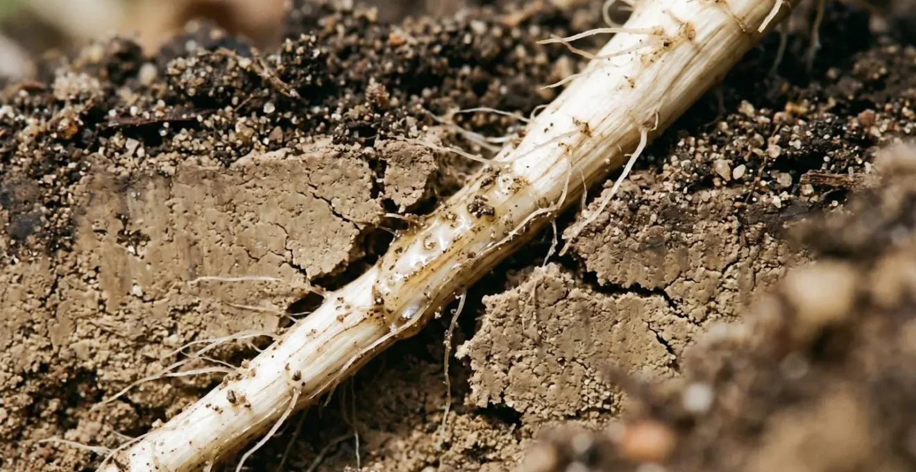 Close-up macro view of chicory taproot penetrating compacted soil layer showing root tip pressure and structural channels