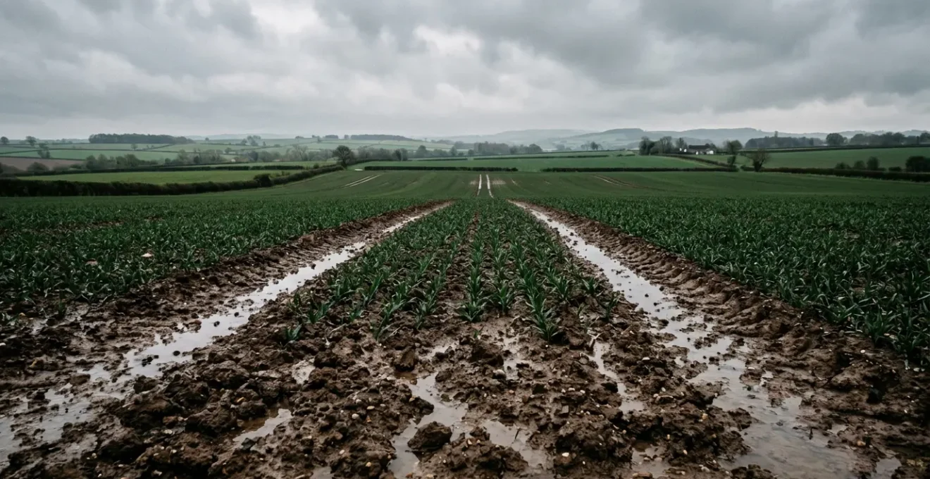 Agricultural field with clay soil showing water management during heavy rainfall event