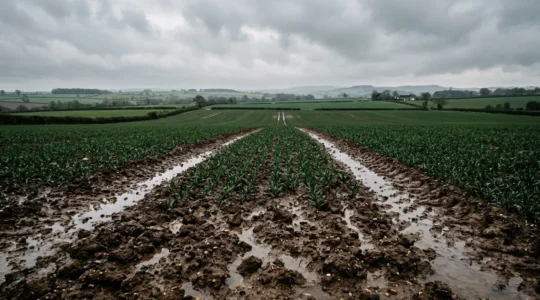 Agricultural field with clay soil showing water management during heavy rainfall event