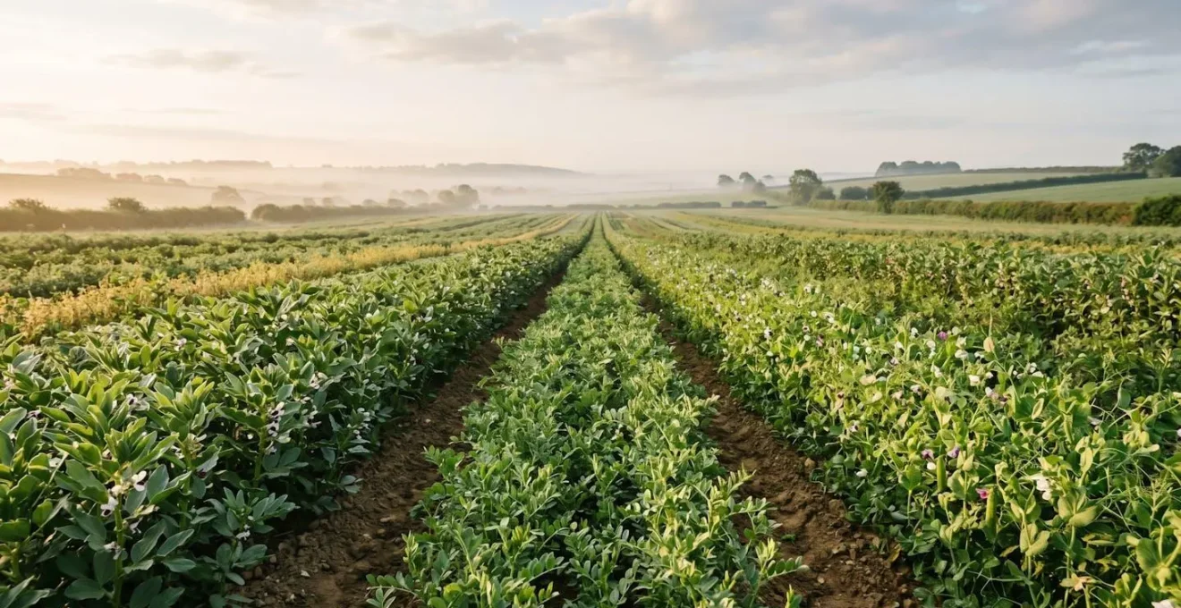Environmental wide-angle photograph of diverse climate-resilient crops growing in sustainable agricultural field