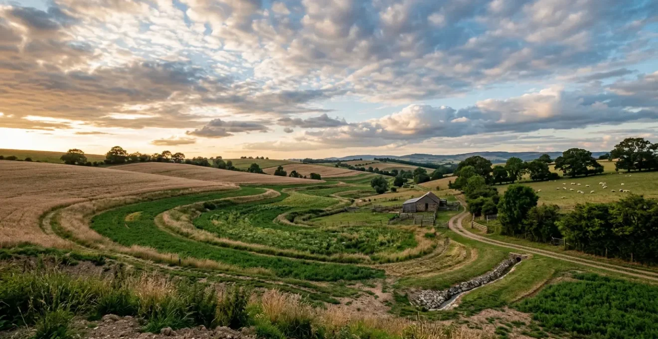 Agricultural landscape prepared for climate extremes with water management infrastructure and diverse crops