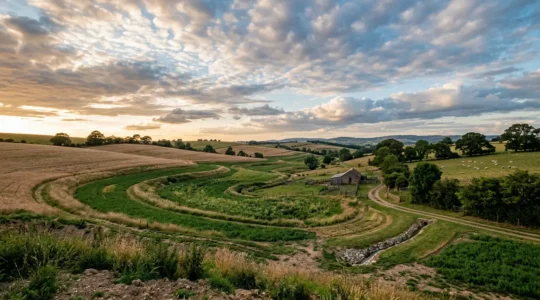 Agricultural landscape prepared for climate extremes with water management infrastructure and diverse crops