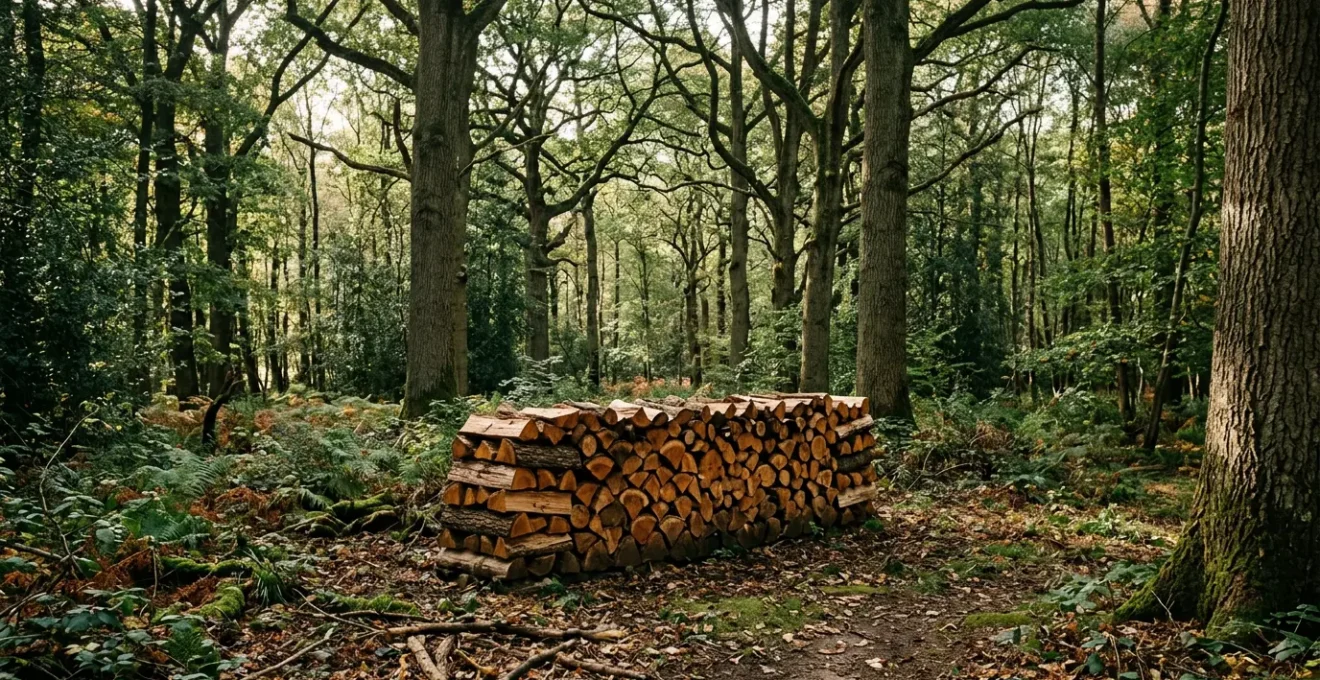 Sustainably managed farm woodland with neatly stacked seasoned firewood under natural forest canopy
