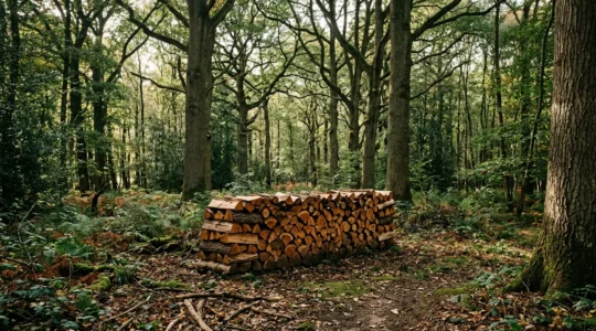 Sustainably managed farm woodland with neatly stacked seasoned firewood under natural forest canopy