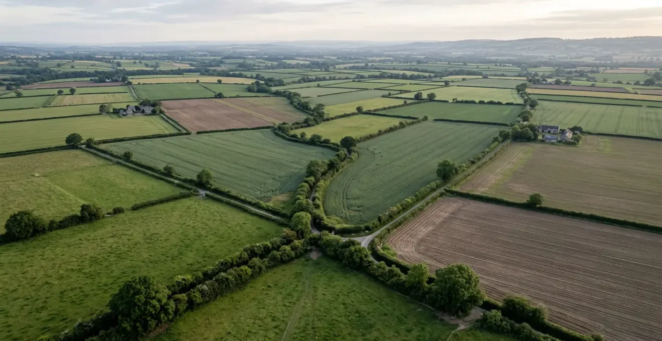 Aerial view of interconnected hedgerow network linking wildlife habitats across farmland