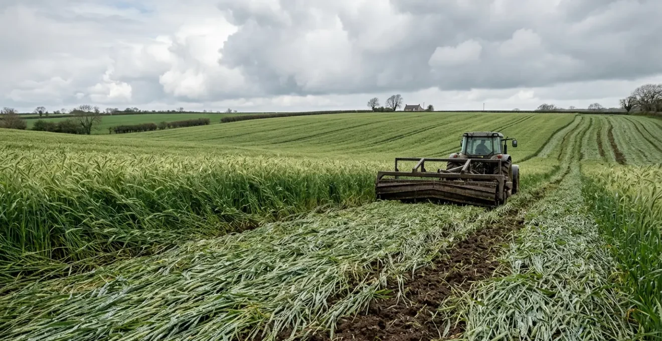 Farmer managing cover crop termination in wet spring conditions using mechanical methods