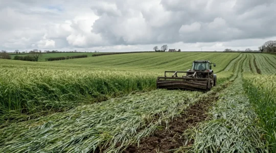 Farmer managing cover crop termination in wet spring conditions using mechanical methods
