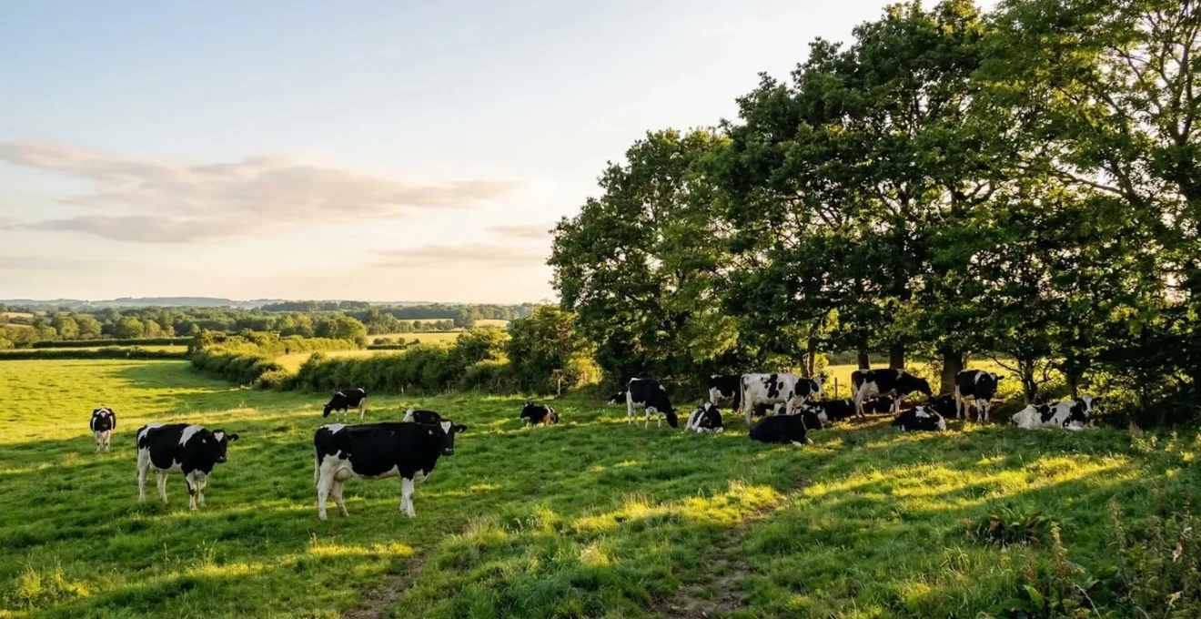 Dairy cows resting in the shade of strategically planted trees on a productive pasture system