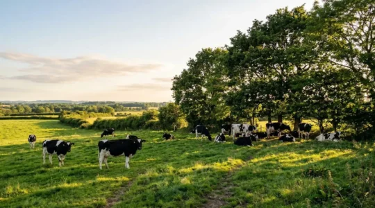 Dairy cows resting in the shade of strategically planted trees on a productive pasture system