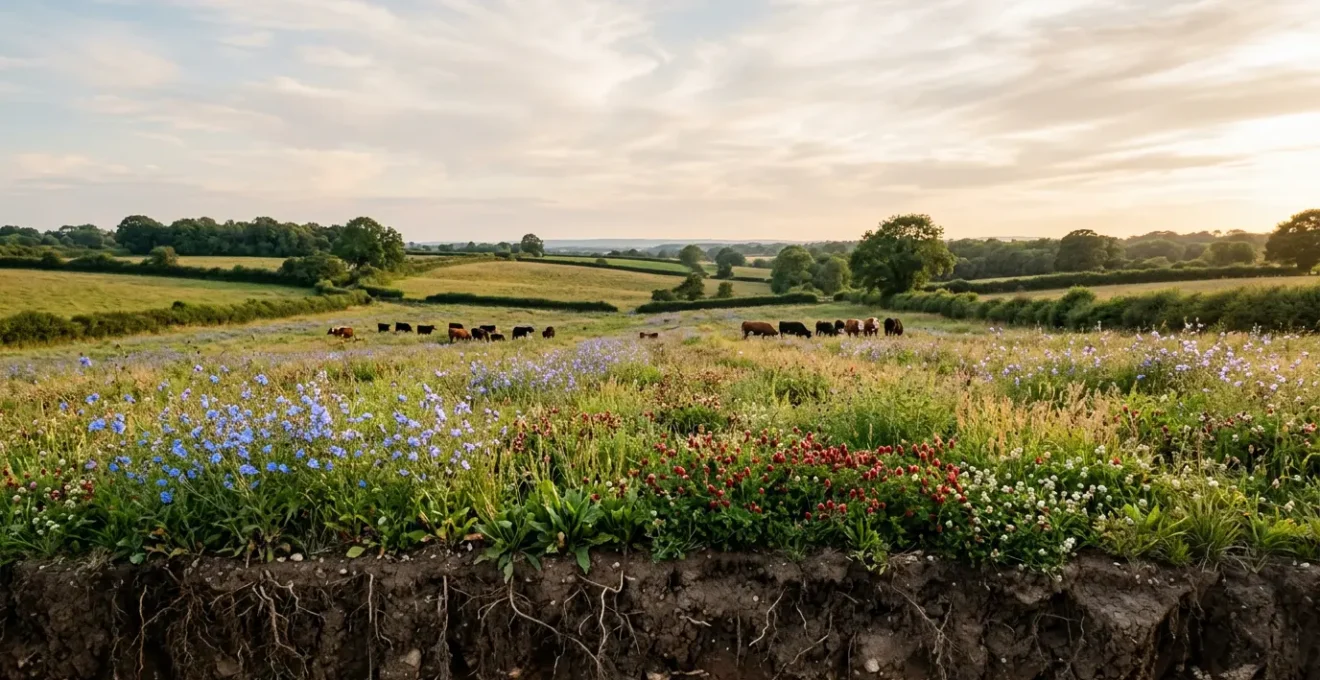 Diverse herbal ley pasture with deep-rooted chicory and legumes creating natural soil fertility in regenerative agriculture system