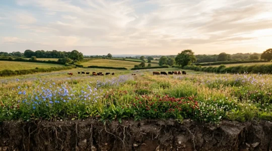 Diverse herbal ley pasture with deep-rooted chicory and legumes creating natural soil fertility in regenerative agriculture system