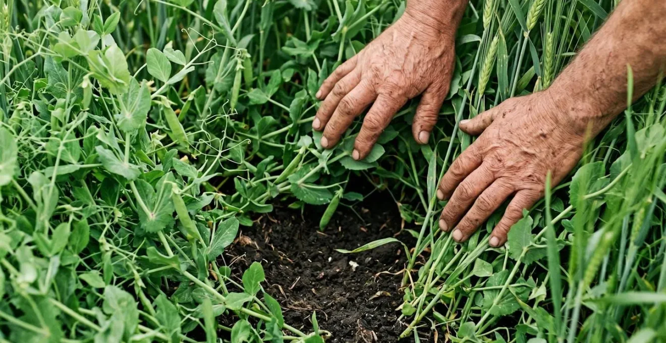 Dense agricultural canopy showing pea and barley plants creating complete ground cover