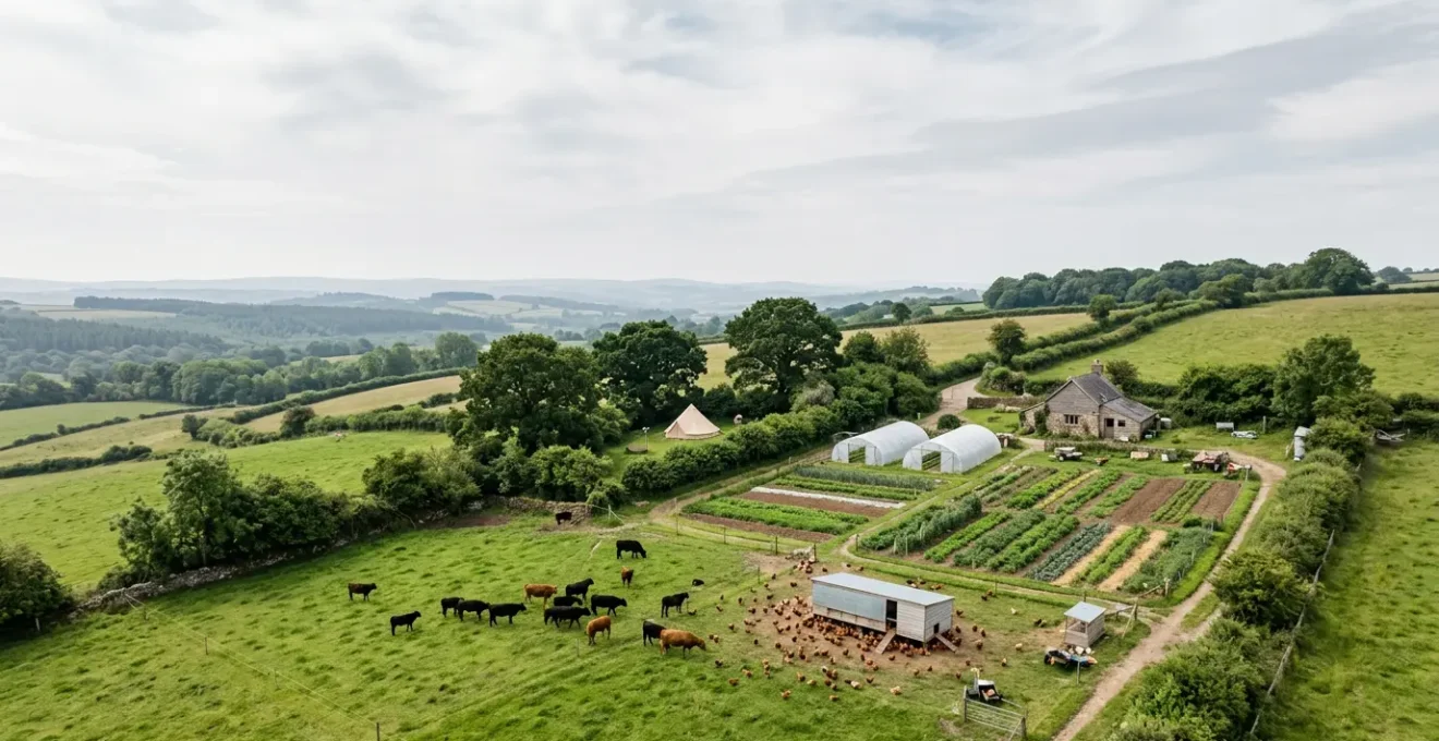 Wide pastoral landscape showing integrated farming system with multiple livestock species and crop zones on small-scale farm under natural light