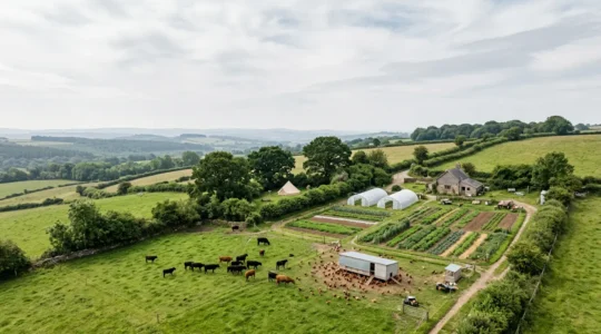 Wide pastoral landscape showing integrated farming system with multiple livestock species and crop zones on small-scale farm under natural light