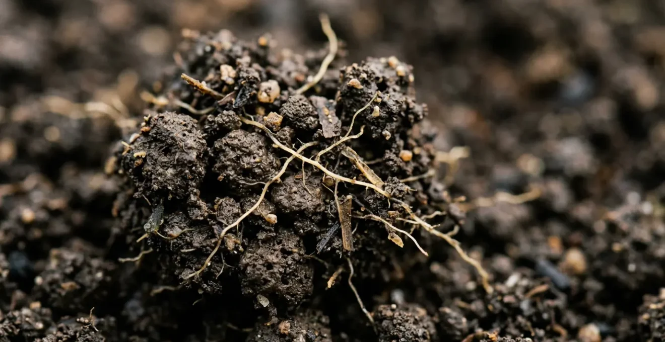 Detailed close-up view of healthy soil ecosystem revealing rich microbial life and organic structure
