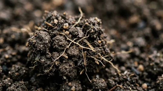 Detailed close-up view of healthy soil ecosystem revealing rich microbial life and organic structure