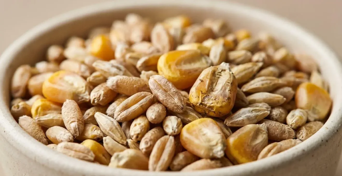 Macro photograph of agricultural feed grains showing texture and quality detail for inventory management