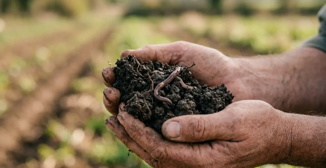 Earthworm emerging from rich, dark soil showing healthy soil biology and structure