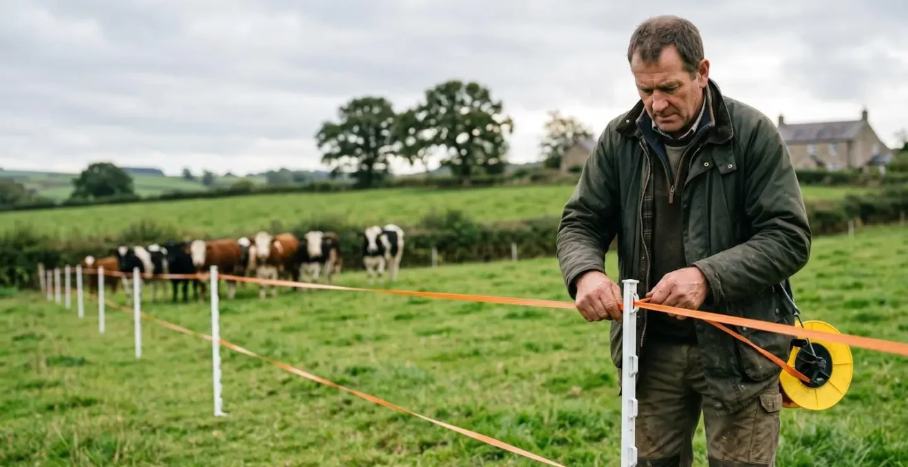 Farmer deploying temporary electric fencing posts and reel across UK grassland for mob grazing rotation