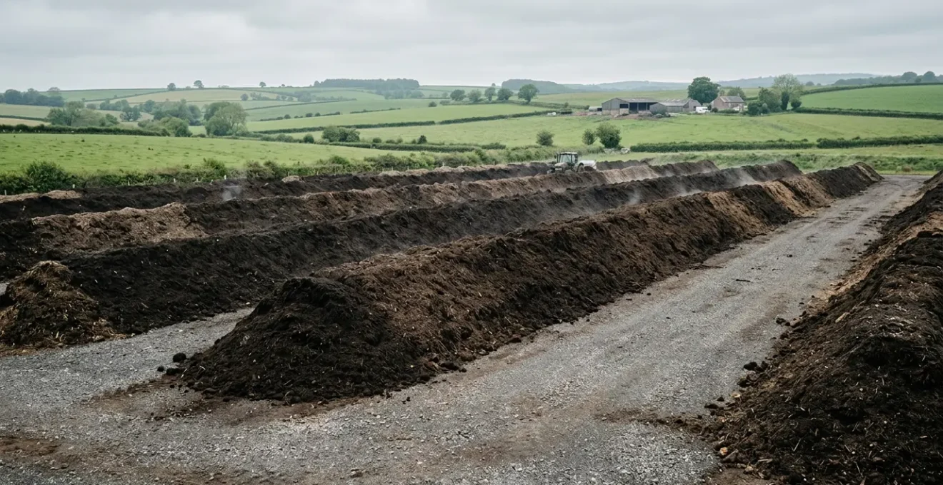Agricultural compost windrow on UK farm showing sustainable waste management practices