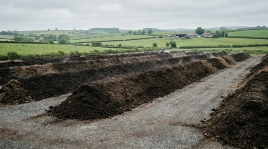 Agricultural compost windrow on UK farm showing sustainable waste management practices