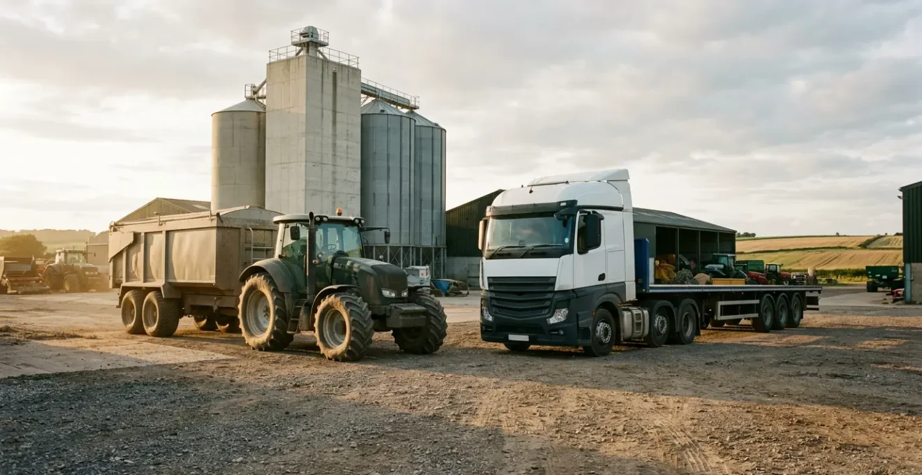 Agricultural logistics strategic decision concept showing farm haulage vehicles