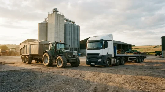 Agricultural logistics strategic decision concept showing farm haulage vehicles