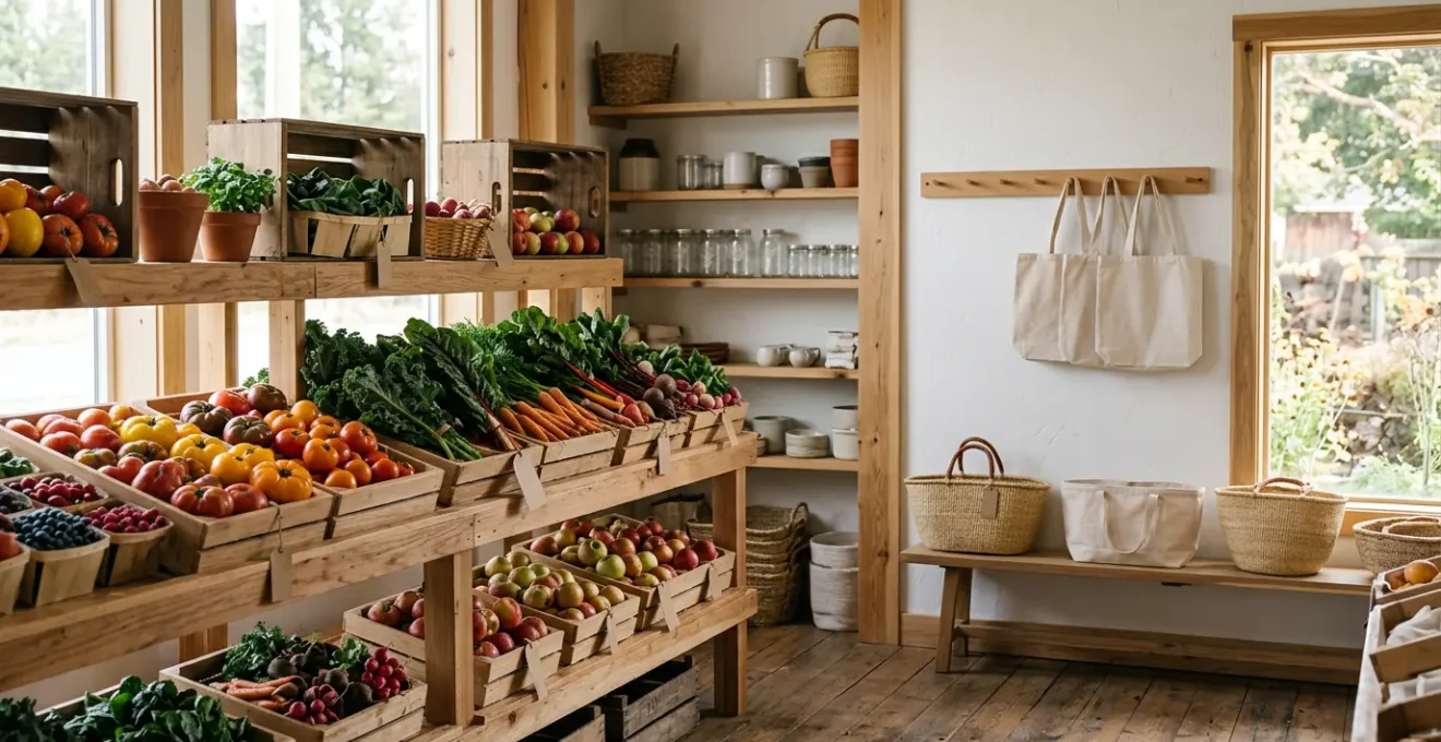 Modern farm shop display showcasing fresh produce with digital transparency elements