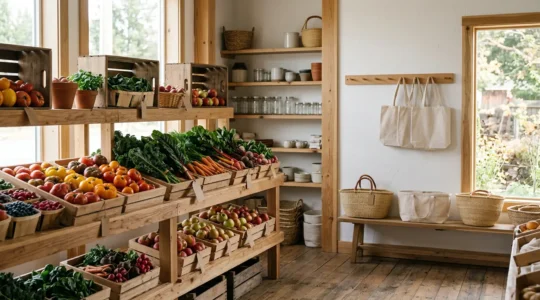 Modern farm shop display showcasing fresh produce with digital transparency elements